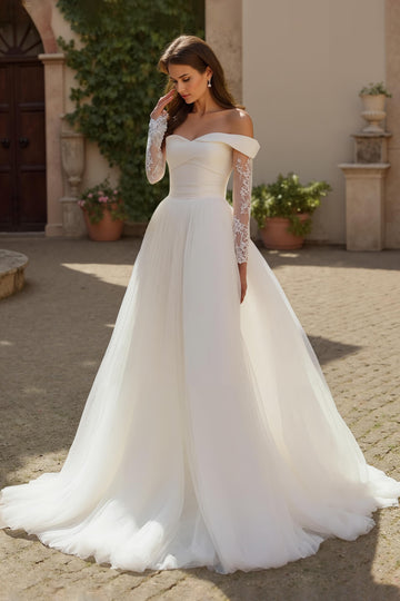 Long Sleeve A-Line Ivory Off The Shoulder Wedding Dress With Appliques